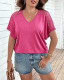 V-Neck Solid Color Hollow Stitching T-Shirt