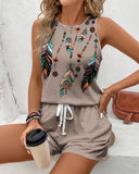 Sleeveless Retro Feather Print Set