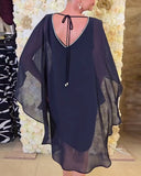 Contrast Color V-Neck Off-The-Shoulder Dress