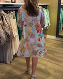 V-Neck Retro Floral Print Lantern Sleeve Dress