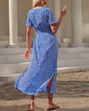 V-Neck Waist Floral Print Slit Dress