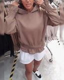 Hooded Shirred Long-Sleeved Ruffle Trim Sweatshirt