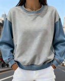 Round Neck Denim Patchwork Sweatshirt