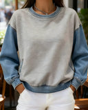 Round Neck Denim Patchwork Sweatshirt