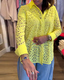 Lapel Solid Color Floral Hollow Shirt