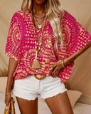 Casual Loose V-Neck Printed Batwing Sleeve Blouse
