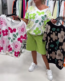 V-Neck Petal Loose T-Shirt