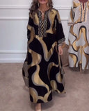Casual Printed Long Sleeve V-Neck Dress