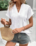 V-Neck Solid Color Hollow Breathable Blouse