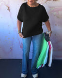 Casual loose solid color round neck pullover