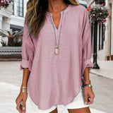 V-neck Plain Long Sleeve Linen Casual Shirt Blouse