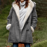 Women Fleece Lined Hooded Horns Buckle Parka Jacket with Pockets