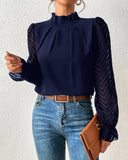 Frill Mock Neck Flounce Sheer Sleeve Plain Blouse