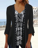 Plaid Print Pleated V-neck Fake Two-Piece 3/4 Sleeve T-Shirt