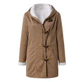 Women Fleece Lined Hooded Horns Buckle Parka Jacket with Pockets