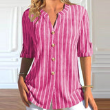 Striped Button Middle Sleeve Casual V Neck Shirt Blouse