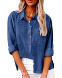 Plain Casual Linen Pocket Button Long Sleeve Blouse