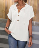 Button Batwing Sleeve Drawstring Hooded Top