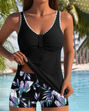 Two-Piece Leaf Print Boxer Tankini