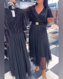 V-Neck Mesh Hem Fashion Dress