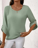 Round Neck Solid Color Trumpet Sleeve Draped T-Shirt