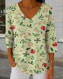 Women's Christmas Print V-Neck 3/4 Sleeve Casual Loose knitted top