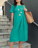 Round Neck Short Sleeve Pleated Lantern Dress