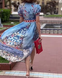 V-Neck Printed Puff Sleeve Slit Dress