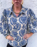 Lapel And Elegant Puff Sleeve Printed Blouse