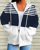 V-Neck Loose Striped Zip-Up Coat