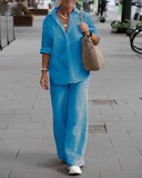 Casual Cotton and Linen Solid Color Long Sleeve Shirt and Pants Suit