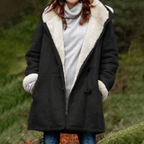 Women Fleece Lined Hooded Horns Buckle Parka Jacket with Pockets