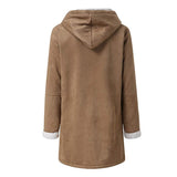 Women Fleece Lined Hooded Horns Buckle Parka Jacket with Pockets