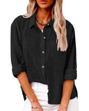 Plain Casual Linen Pocket Button Long Sleeve Blouse