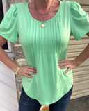 Round Neck Puff Sleeve Pleated T-Shirt