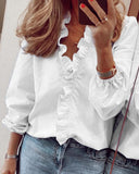 Plain Elegant V Neck Ruffle Trim  Long Sleeve Blouse