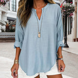 V-neck Plain Long Sleeve Linen Casual Shirt Blouse