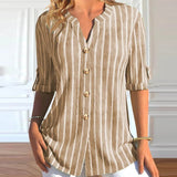 Striped Button Middle Sleeve Casual V Neck Shirt Blouse