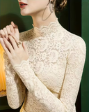 Elegant Solid Half Neckline Long Sleeve Lace Top