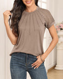 Solid Color Round Neck Lace Patchwork T-Shirt