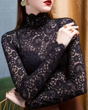 Elegant Solid Half Neckline Long Sleeve Lace Top