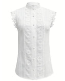 Elegant Solid Color Stand Collar Lace Blouse