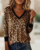 V-Neck Leopard Print Patchwork Long-Sleeve Top