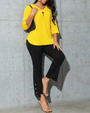 Solid Color V-Neck Hollow Top
