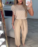 Ruffle Sleeve Round Neck Polka Dot Casual Suit