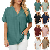 Women Loose Split V-Neck Flowy Plain Short Sleeve