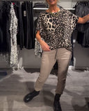 Round Neck Leopard Print Short-Sleeved Blouse