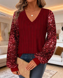 Fashionable Sequin Sleeves V-Neck Pullover