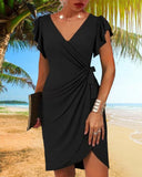 V-Neck Ruffle Sleeve Waist Dress
