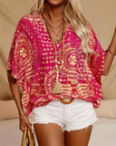 Casual Loose V-Neck Printed Batwing Sleeve Blouse